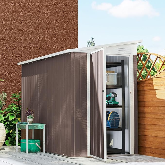 Outsunny 4' x 8' Metal Outdoor Storage Shed, Lean to Storage Shed, Garden Tool Storage House with Lockable Door and 2 Air Vents for Backyard, Patio, Lawn, Brown