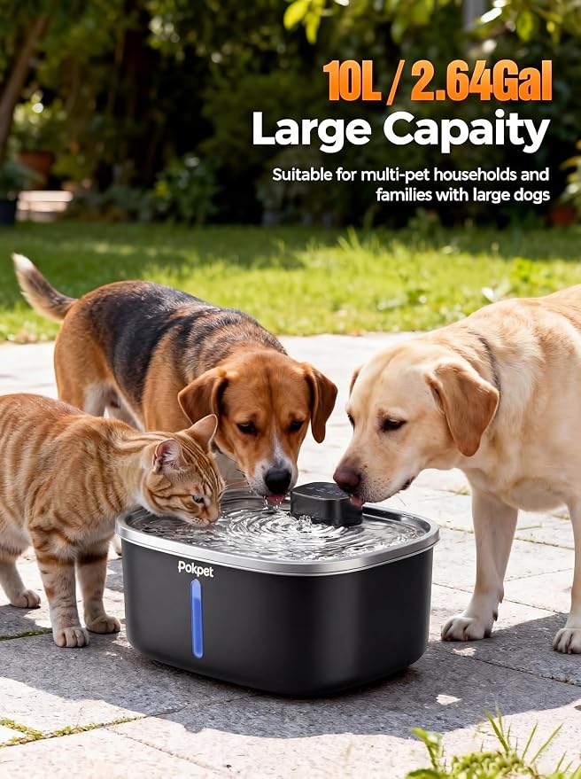 Dog Cat Water Fountain Doggy Spout Water Bowl, Stainless Steel, Large Dog, Fresh Flow, 10L Pet Dispenser with Deeper Wider Drinking Area, LED Window, Multi-Filtration - Wireless 1Filter