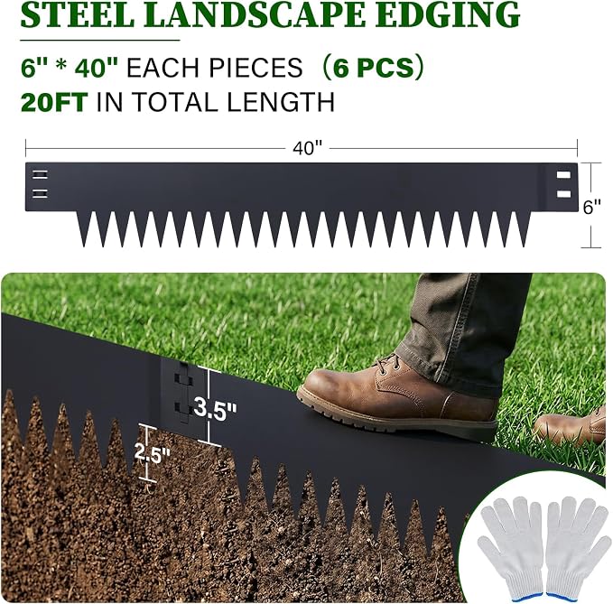 Metal Landscape Edging 6 Pack 6" H x 40" L, Heavy Duty Flexible Galvanized Steel Garden Border Strips, No Dig Lawn Edge with 6 Anchoring Pins, for Flower Bed, Yard, Pathway Divider(20 FT Total)