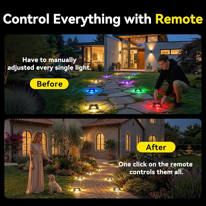 AGPTEK Remote Control Outdoor Solar Driveway Lights 12 Pack, RGB Multi-Colors & Modes Waterproof Color Changing Solar Powered Decorative Marker Security Lights for Garden, Deck, Dock, Step, Sidewalk