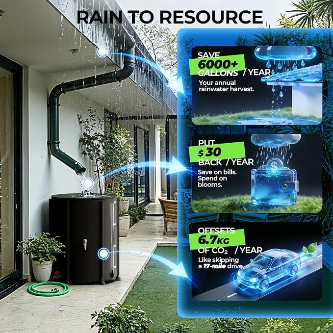 SKM Collapsible Rain Barrel, PVC Rain Water Collection System and Water Tank for Outdoor/Garden/Lawn, Portable Rain Water Collection Barrel Container with Spigots & Overflow Kit, 53Gallon, Black