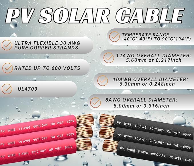 WindyNation 12 Gauge AWG Pair 70 Feet Black + 70 Feet Red PV Photovoltaic Solar Panel Extension Cable Wire Solar Connectors