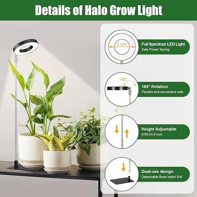 Black 3.54" LED Grow Light, Full Spectrum Plant Lights for Indoor Growing with 3/9/12H Timer, 3 Color Modes, 10 Brightness, Height Adjustable，Small Halo Grow Light with Base, 3 Pack