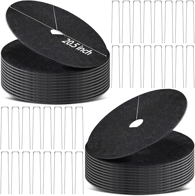 24 Pack Non-Woven Tree Mulch Ring 20.5 Inch Degradabl Tree Protection Mat Weed Barrier Round Mats with 32 Staples Stakes for Weed Growth RootProtection Resistant and Reusable