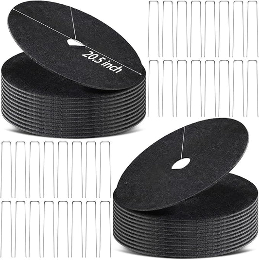 24 Pack Non-Woven Tree Mulch Ring 20.5 Inch Degradabl Tree Protection Mat Weed Barrier Round Mats with 32 Staples Stakes for Weed Growth RootProtection Resistant and Reusable