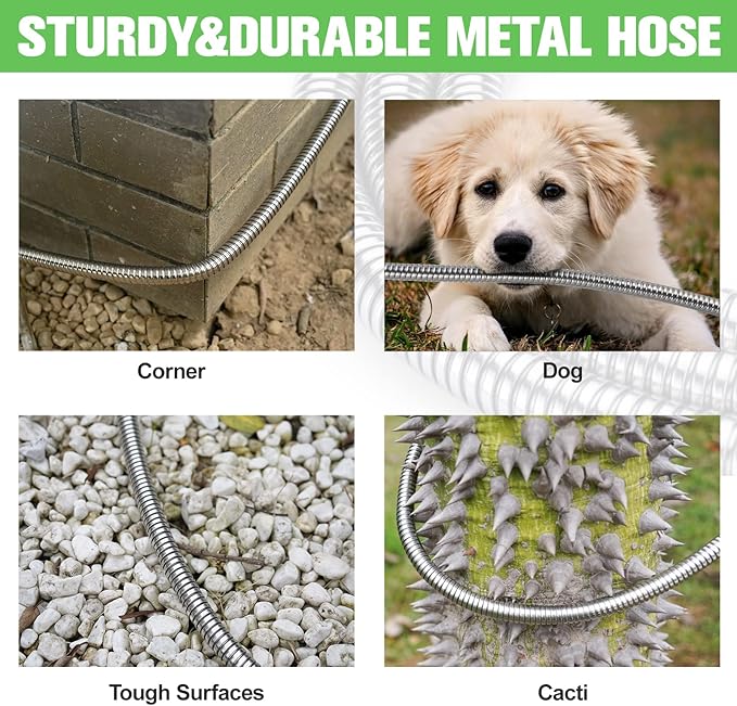 TVKB Metal Garden Hose 150ft Stainless Steel Water Hose Super Tough Flexible Water Pipe with 3/4 inch Brass Fittings and Sprayer Nozzle, Kink & Tangle Free, Rust Proof