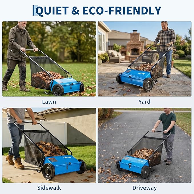 Push Lawn Sweeper 26in,Manual Push Leaf and Grass Sweeper,Heavy Duty Walk-Behind Lawn Sweeper,7ft³Removable Collection Bag,4 Rubber Wheels,Ideal for Garden, Park and Yard