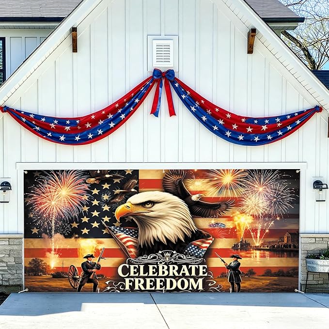 7 * 16FT Summer Garage Door Cover Decorations Sunset Palm Trees Garage Door Banner for Outdoor Indoor Summer Party Photography Backdrop (celebrate freedom, 7 * 16 ft)