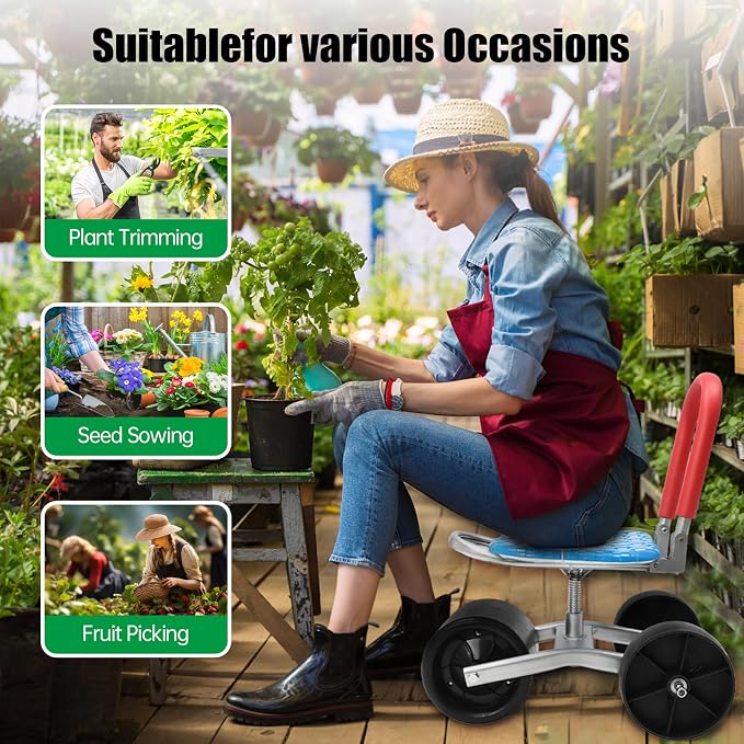 Gardening Stool – Rolling Garden Cart with Wheels – 360° Rotating Adjustable Seat, Heavy-Duty Garden Stool with 330 lbs Capacity, Ergonomic Gardening Seat for Planting, Weeding & Outdoor Yard Work