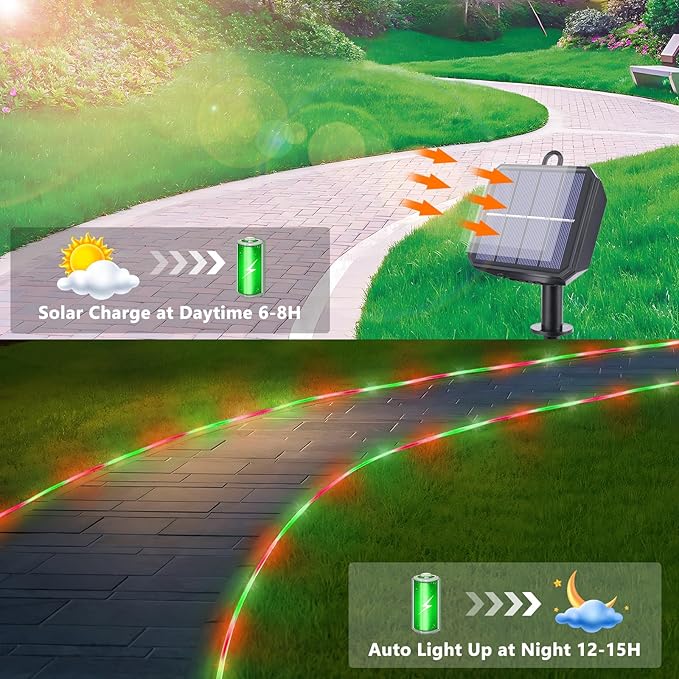 Solar Rope Lights, 33ft 100LED Solar String Lights, 8 Modes Waterproof Solar Powered Outdoor Light, Flexible Clear Tube Light for Garden Backyard Patio Deck Porch Pool Tree Christmas Decor- Red&Green
