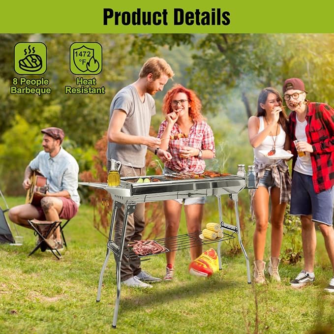 Portable BBQ Grill, Foldable Charcoal Grill Lightweight Smoker Grill for Outdoor Cooking Camping Hiking Picnics Tailgating Backpacking Party (Large gril(39x13.4x28"))