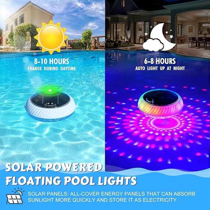 Goallim Floating Pool Lights Solar Charged, 7.6 Inch RGB Upper & Lower Color Changing Solar Pool Lights that Float with Dynamic Lighting Effects, IP68 Waterproof Floating Light for Pool Party Decor(1)
