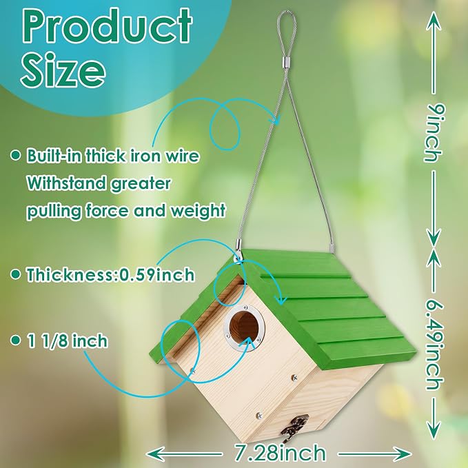 Dreyoo 2 Pack Wren House, 1-1/8'' Entrance Hole Hanging Wooden Wren Bird Houses for Outside with Metal Guard, Air Vents, Pine Wood for Chickadees (Green,Wood Color)