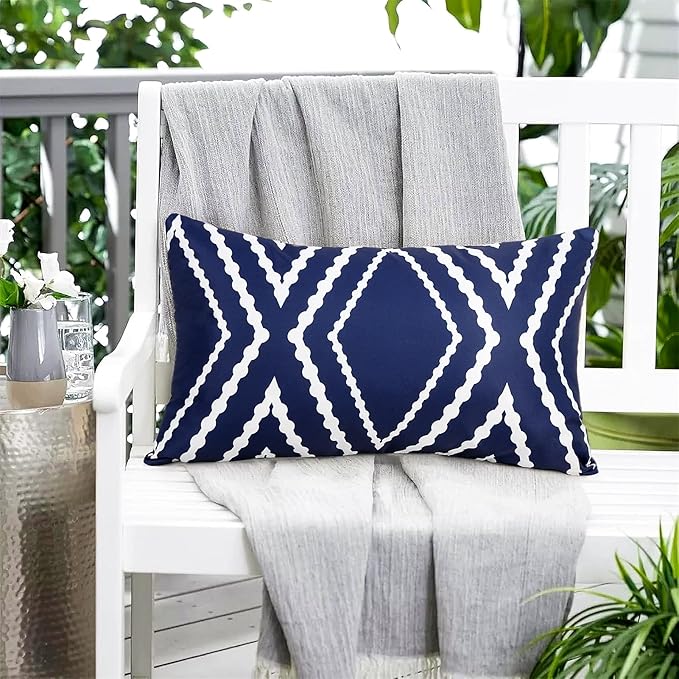 Adabana Outdoor Lumbar Waterproof Pillow Covers Set of 2 Boho Geometric Throw Pillows Cover for Patio Garden 12 x 20 Inch Navy Blue