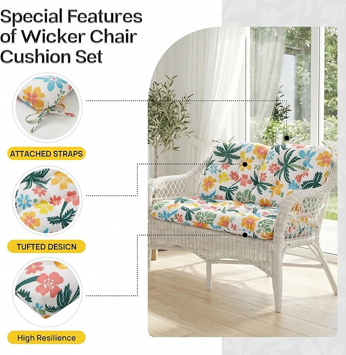 1 MIDDLE ONE Wicker Chair Cushions 3 Pieces Set for Outdoor Furniture, Replacement Patio Wicker Furniture Cushions, 1Pc Loveseat Cushion & 2Pcs Chair Cushions (Tropical Palm Floral)
