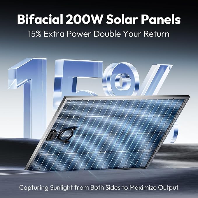 Epoch 400W Bifacial Solar Panels,N-Type 12/24 Volt Monocrystalline Solar Panel, High-Efficiency Waterproof Solar Module for RV Camping, Boat, Marine,Off-Grid[200w×2pcs]