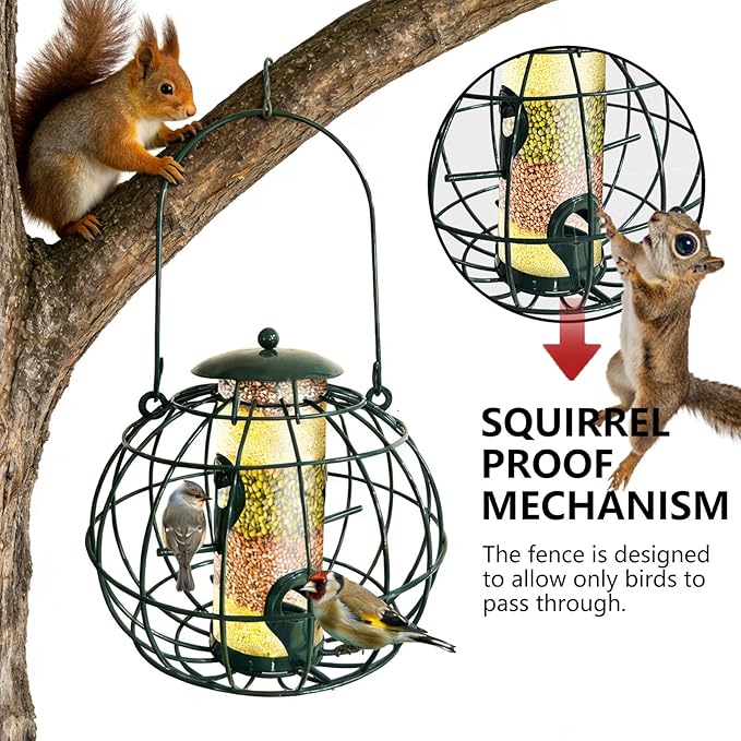 Squirrel Resistant Bird Feeder - Outdoor Hanging Wild Bird Feeder, Weatherproof Metal Tube Feeder for Finches & Small Birds, Green