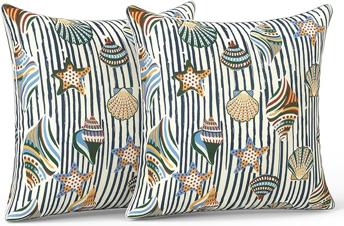 LVTXIII Outdoor Throw Pillows 20x20 Patio Waterproof Square Pillows with Piping Fade Resistant Accent Pillow for Spring Summer Garden Decoration, Set of 2, Crayon Shells