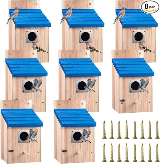 Dreyoo 8 Pack Bluebird Houses for Outside, 1-1/2'' Entrance Hole Wooden Bluebird Houses for Outdoors with Metal Guard, Secure Latch, Fledgling Grooves, Air Vents (Blue Roof with Wood Body)