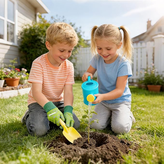 Biubee Kids Gardening Tools Set - Sturdy Kids Watering Can Toy Toddler Children's Gardening Kit Set with Metal Shovel Hand Rake Gloves for Girls Boys Birthday Gift Outdoor Beach Sand, Cyan
