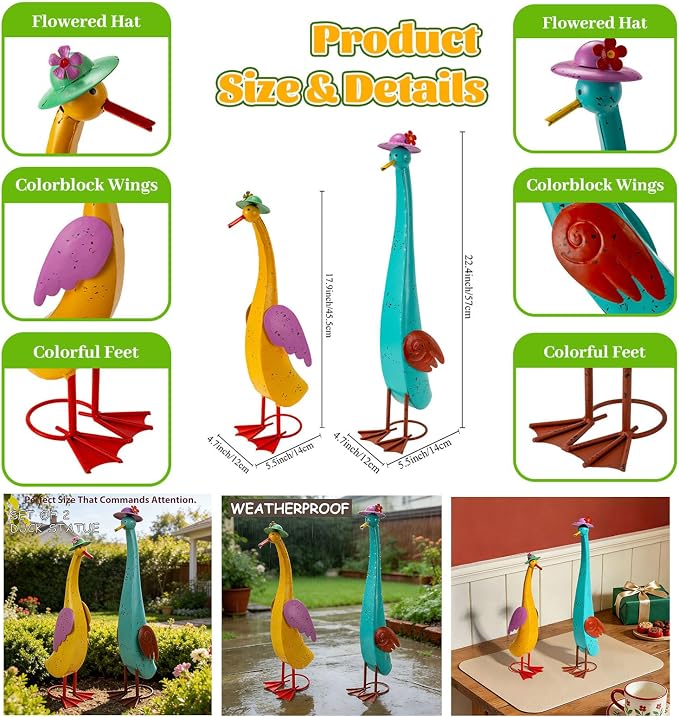 22" Duck Garden Statue Set of 2 Metal Ducks | Outdoor Decor Yard Art Porch Animal Figurine Lawn Ornament Rustproof Sculptures for Outside Patio Backyard Decorations
