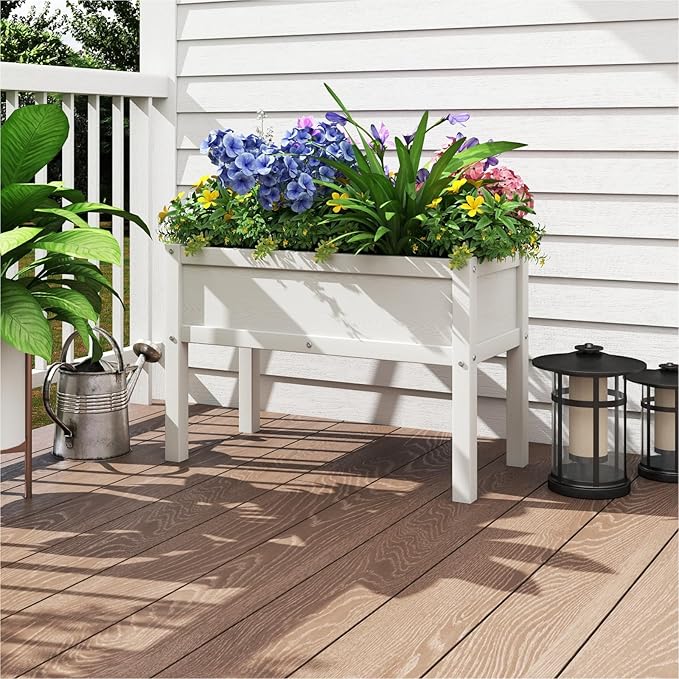 Small HDPE Raised Garden Bed, Elevated Planter Box with Legs, Outdoor All-Weather Planter Raised Beds for Seeds, Herbs, Flowers, Vegetables (White)