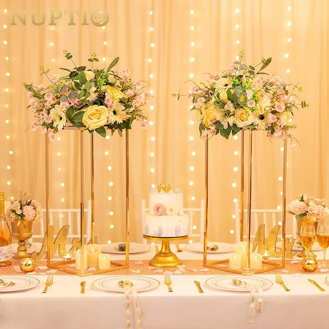 NUPTIO Gold Vases for Centerpieces Wedding - 2 Pcs 23.6 inch Tall Gold Vase Wedding Centerpieces for Tables - Geometric Gold Centerpieces for Table Flower Stand for Table Centerpieces for Weddings