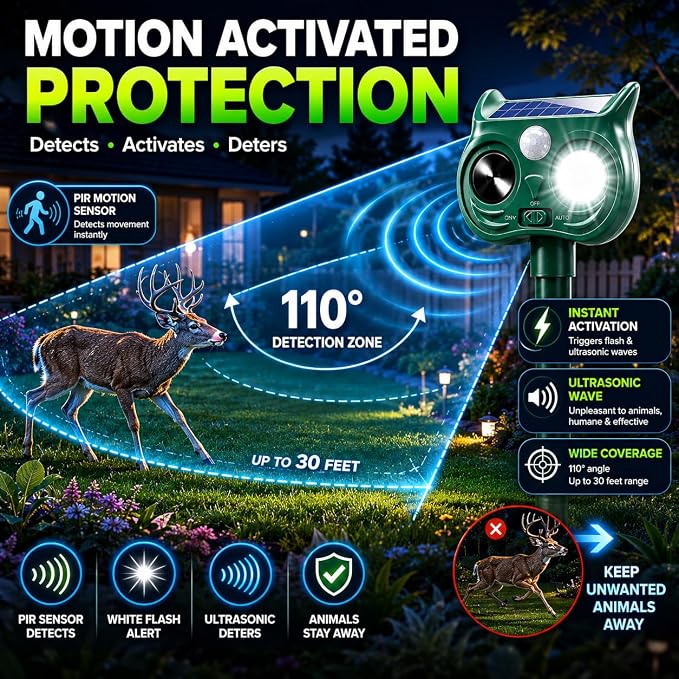 4 Pack New Sonic Fortress Pro Deer Repellent Devices,Solar Ultrasonic Animal Repeller Outdoor for Racoons,Squirrels,Cats,Rabbits,Skunks & Foxes,Waterproof Motion Sensor Animal Deterrent for Garden