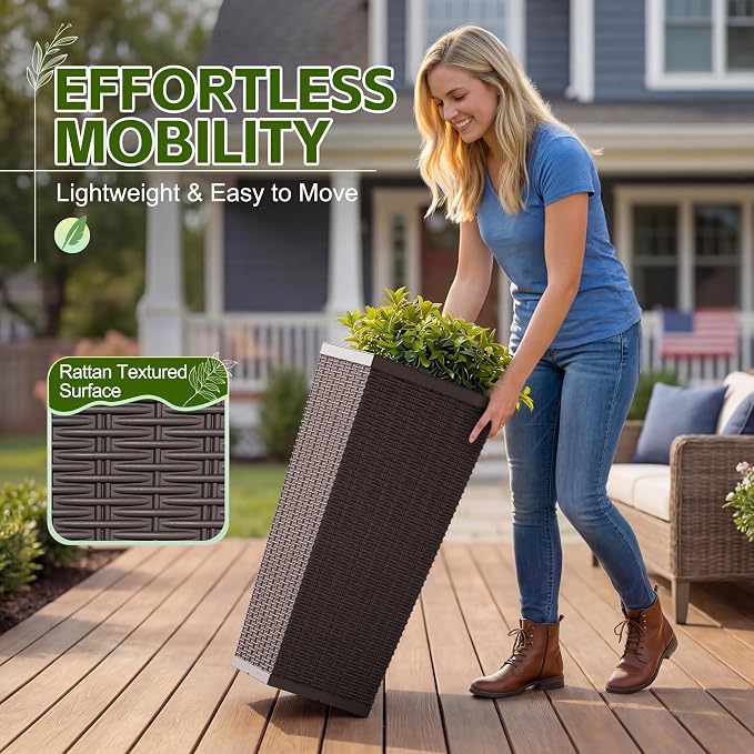 Devoko Resin Tall Planters for Outdoor Plants Set of 2, Large Taper Outdoor Planter Pots with 4 Drainage Holes, Flower Pots Modern Decor for Porch, Patio, Backyard, Home Garden (Brown, 30'')