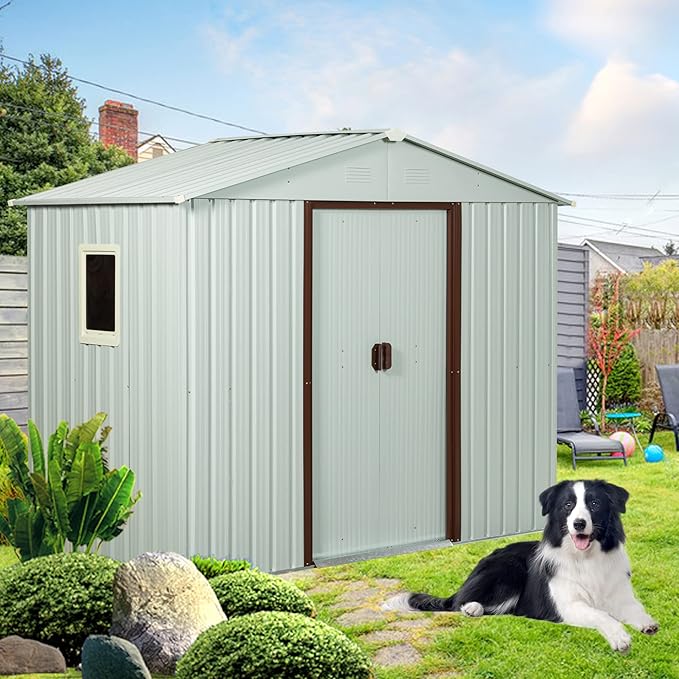 YOPTO 8Ft x 4Ft Outdoor Metal Storage Shed with Side Window, Garden Tool Shed w/Sliding Doors & Lock, Floor Base and Air Vents, Utility Storage House for Backyard Lawn, White