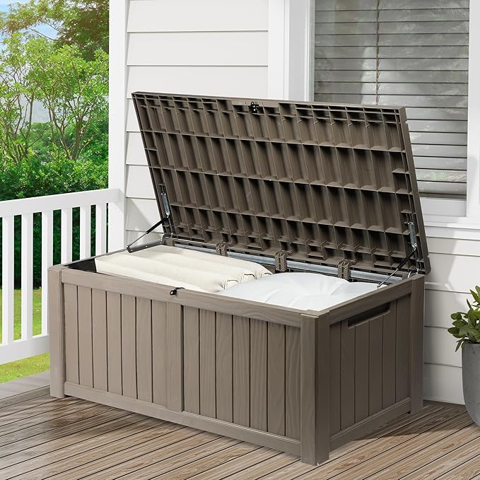 DWVO 120 Gallon Large Deck Box Outdoor Storage Box, Lockable Outside Storage Bin for Gardening Tools, Patio Cushions, Waterproof Resin (Light Brown)
