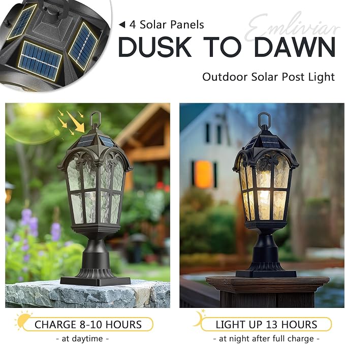 Emliviar 19" Portable Solar Post Light for Patio and Camping, Table Lamp with Pier Mount Base in Black Finish, Outdoor Solar Lighting with Water Grain Glass Shade, YXE302P-ML SL BK