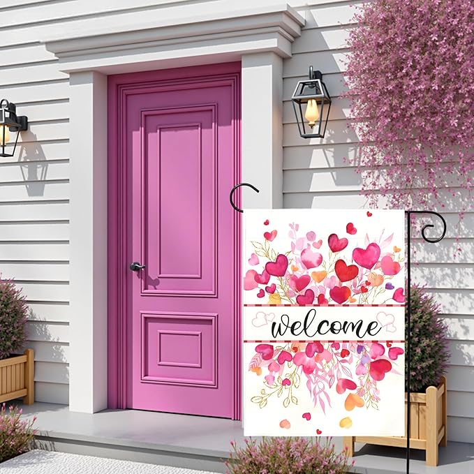 Valentines Day Garden Flag Welcome Heart Design Double Sided Yard Banner Romantic Red Pink Love Hearts House Flag for Porch Patio Lawn Farmhouse Wedding Anniversary Party Decor 12x18 Inch