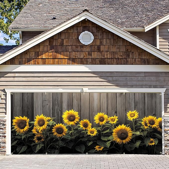 7 * 16FT Summer Sunflower Garage Door Cover Decorations Sunflower Fence Garage Door Banner for Outdoor Indoor Summer Party Photography Backdrop