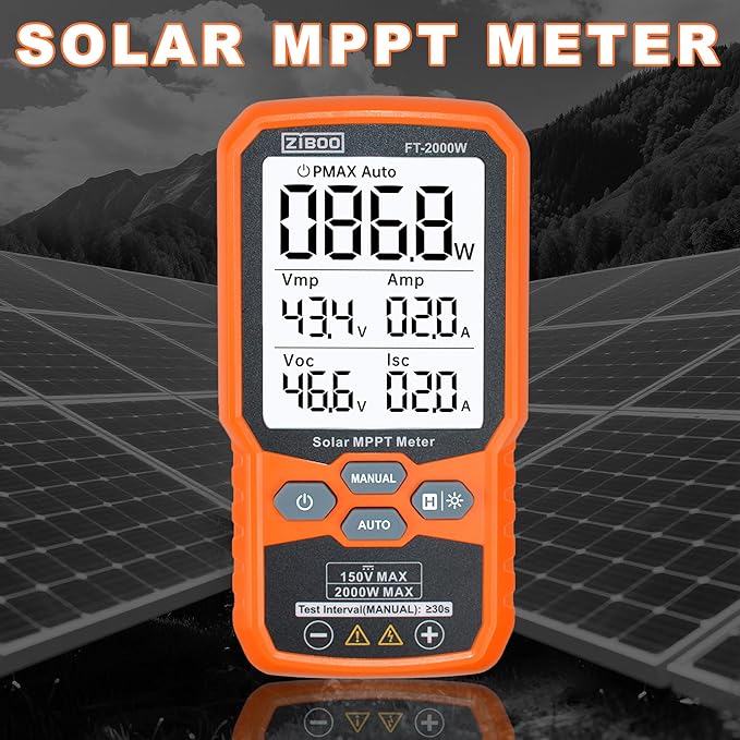 ZIBOO FT-2000W Solar Panel Tester MPPT Meter - 2000W Max Power, 150V/35A PV Module Tester for Voc/Isc, Open Circuit Voltage & Short Circuit Current, with Backlight & Data Hold
