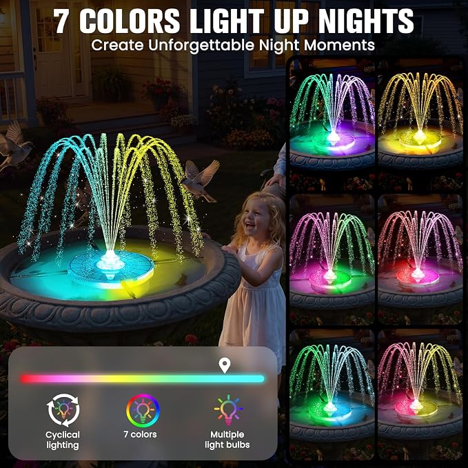 4000mAh Solar Fountain,2026 Solar Bird Bath Fountain Pump,3 Spray Solar Powered Water Fountain with lights,Floating Birdbath Fountain Kit,DIY Water Bird Bath Fountain for Outdoor,Garden-grey