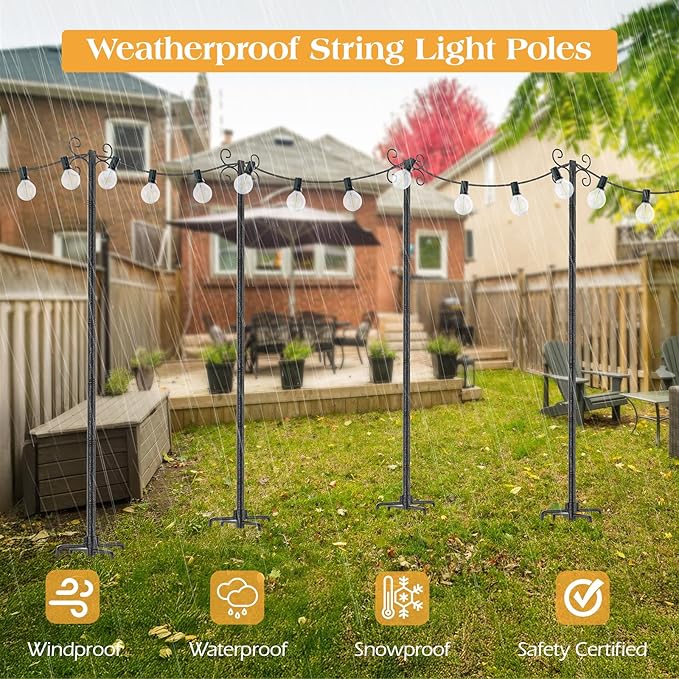 2 Pack Outdoor String Light Poles, 3M/10FT Adjustable Height Metal Lights Hanging Pole with 4 Hooks and Rustproof, for Patio Garden Deck Backyard Lawn Sunshade and Decor