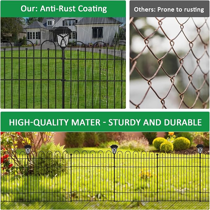 Garden Fence Animal Barrier with Solar Garden Lights, 32 in (H) x23.6ft (L) Decorative Garden Fence, 10 Panels No Dig, Rustproof Metal Temporary Fence, Dog Fence Outdoor for Yard, Patio