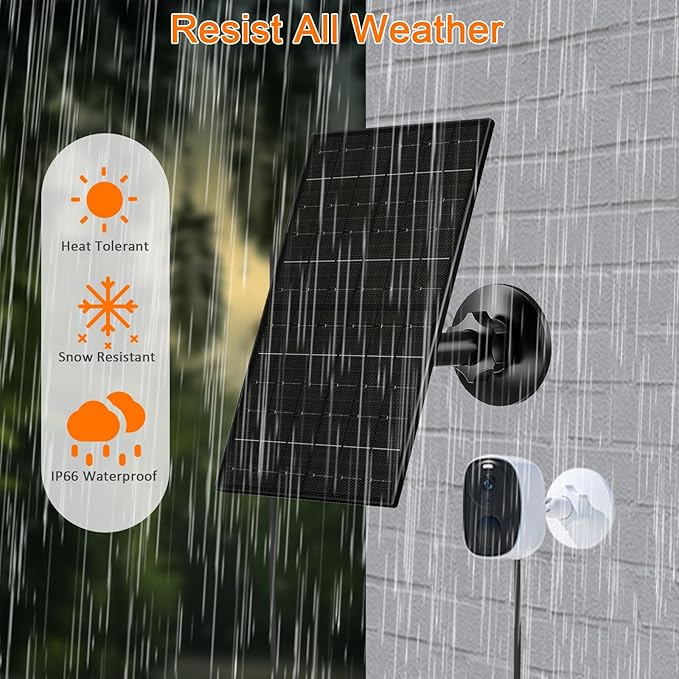 FUTUREZEN 6W Solar Panel for Security Camera Outdoor, 5V USB/USB-C Solar Charger Compatible with Rechargeable Battery Cameras, IP66 Waterproof, 360° Adjustable Mount, 9.8ft Cable (1 Pack, Black)