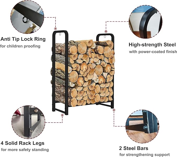 Firewood Rack Stand 2ft Heavy Duty Logs Holder for Outdoor Indoor Fireplace Metal Wood Pile Storage Stacker Organizer, Matte Black