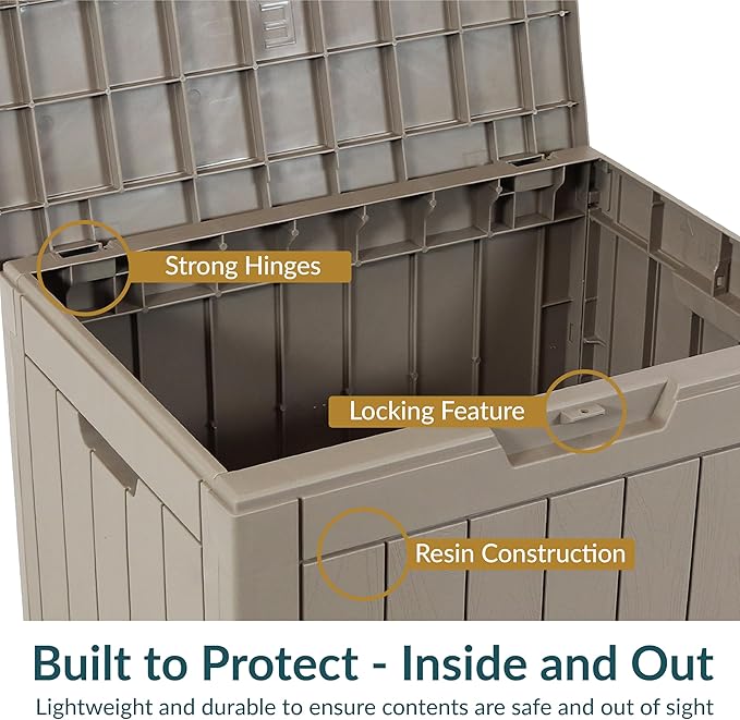 Sunnydaze Outdoor Deck Box - Lockable Package Delivery Box - Weather-Resistant Outdoor Storage Bin - 32-Gallon Faux Plank - Driftwood