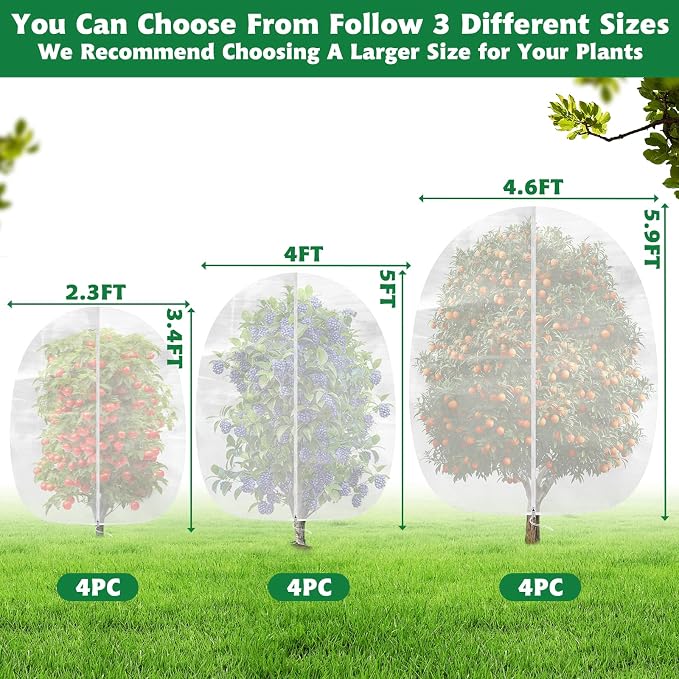 OZMI 4 Pack Fruit Tree Blueberry Bush Netting Cover, 4Ft x 5Ft Reusable Bird Netting for Garden Protection with Zipper & Drawstring, Shrubs Tomato Strawberry Plant Bushes Protector