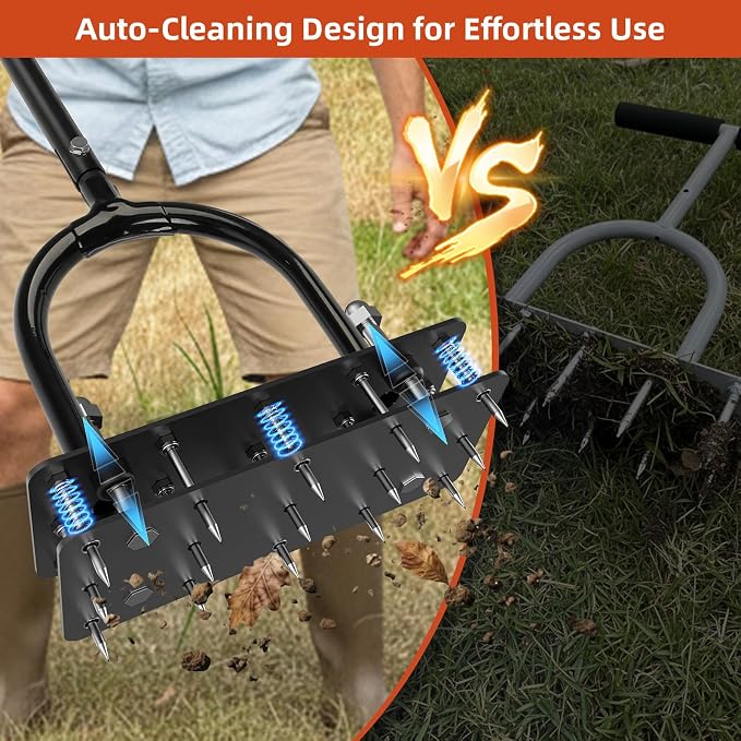 GAINO Manual Lawn Aerator Tool with 15 Spikes, 32"-35" Adjustable T-Handle Aerator for Lawn, Automatic Dirt Ejection Design, Heavy Duty Yard Grass Aerator for Soil Compaction, Black