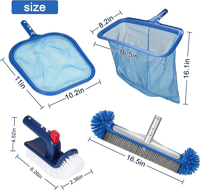 Pool Cleaning Kit Professional Heavy Duty Leaf Skimmer Net, Deep Bag Rake & Wall Scrubber Brush, 4-Piece Pool Cleaning Equipment Set for Above Ground & Inground Pools (Pole Not Included)