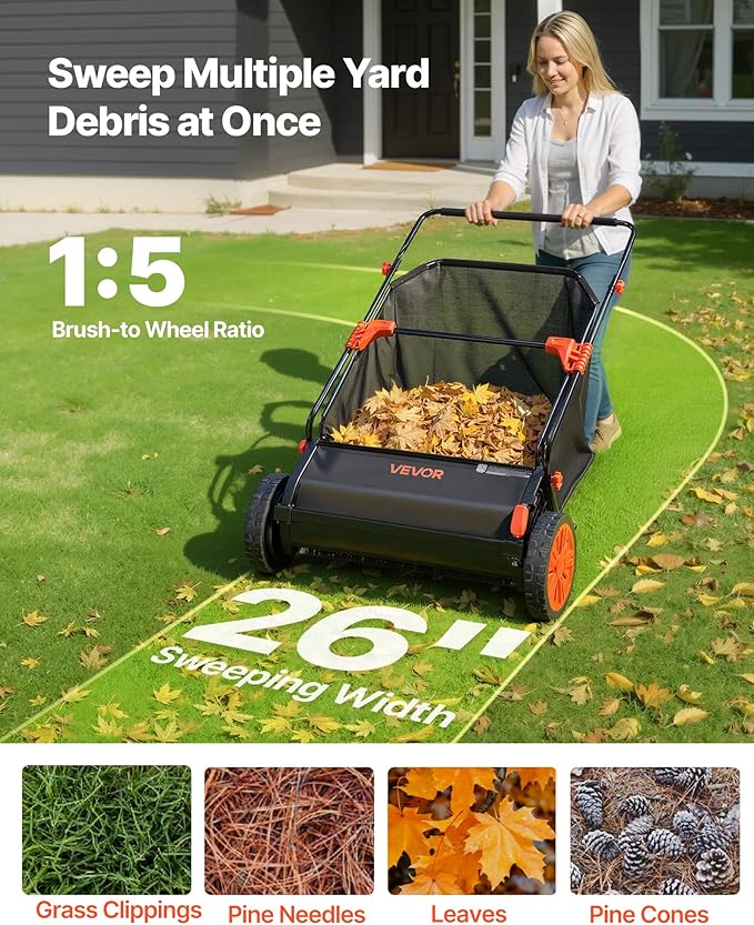 VEVOR Push Lawn Sweeper, 26 in Leaf & Grass Collector with 7 cu. ft. Hopper Bag, Adjustable Brush Height & Spinning Brushes, Heavy Duty Yard Sweeper with Rubber Wheels for Leaves Grass Cleanup