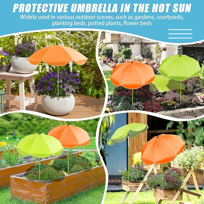 Axcoix 2 Pack Upgraded Plant Umbrellas for Outdoor Plants, 26" Larger Garden Plant Umbrella Shade with Adjustable Angle, 43.4" Higher Sun Shade for Plants, Potted Plant, Garden Beds (Green, Orange)