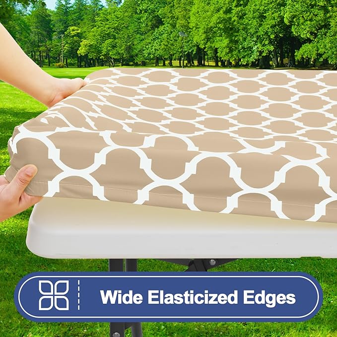 Smiry Picnic Table Cover with Bench Covers, Waterproof Elastic Fitted Tablecloth for 8 Foot Tables, Washable Polyester Tablecloths for Camping, Indoor & Outdoor (Khaki, 30x96 Inch 3-pc Set)