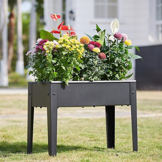 Raised Garden Bed, Elevated Planter Black Metal Plant Box with Legs Standing Garden Stand Drainage Holes Black(24" L x 11" W x 18" H)