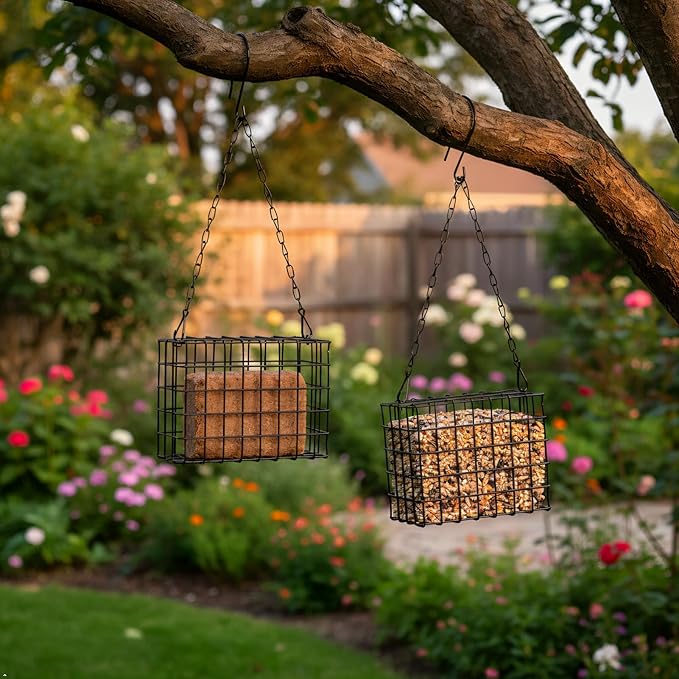 Metal Suet Bird Feeder 2-Pack - Wire Mesh Cage for Suet Blocks, Fruit & Seeds - Rust Resistant Outdoor Hanging Feeder for Woodpeckers, Chickadees & Wild Birds