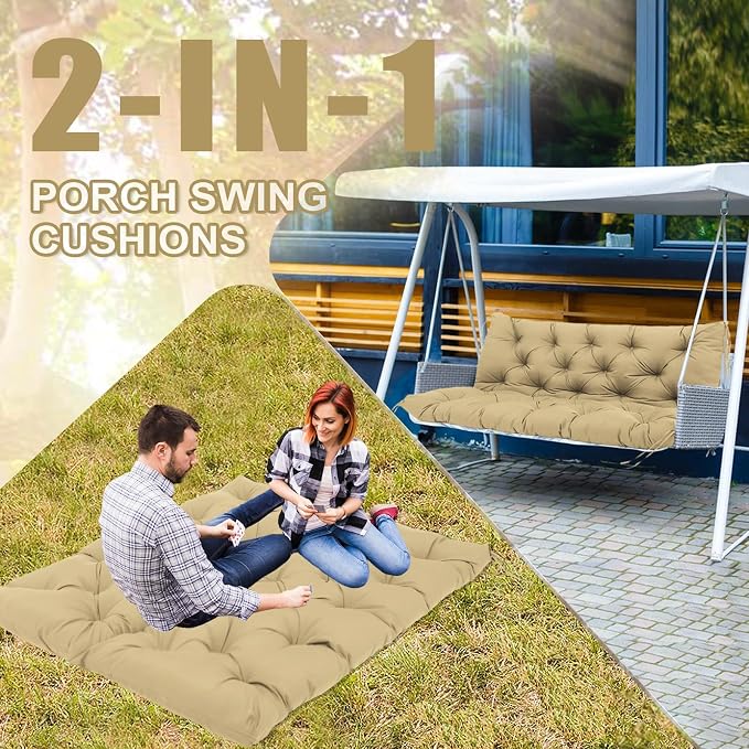 Premium 5" Thick Waterproof Porch Swing Cushions Sturdy Durable 2 Seat Replacement Outdoor Swing Cushions with Backrest&Ties Bench Cushion for Outdoor Furniture Backyard Patio Garden